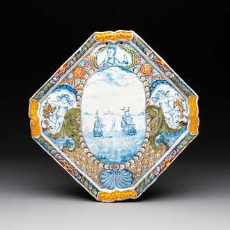 A lozenge-shaped polychrome Dutch Delft mixed technique 'maritime subject' plaque, 18th C.