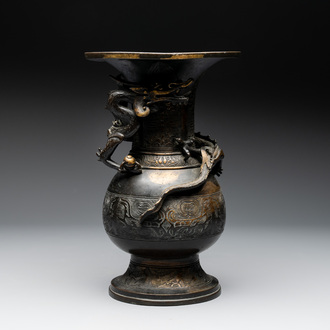 A Chinese archaistic bronze gold-splashed 'dragon' vase, Dong 東 mark, Ming