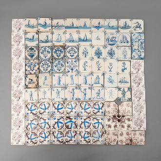 90 manganese, blue and white Dutch Delft tiles, 17/18th C.