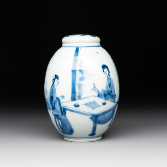 A Chinese blue and white 'ladies playing go' tea caddy and cover, Kangxi