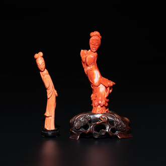 Two Chinese red coral sculptures of ladies on wooden stand, 19/20th C.