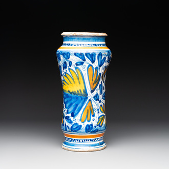 A polychrome French maiolica albarello, Lyon, 2nd half 16th C.
