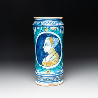 An Italian maiolica 'Bella Donna' albarello, Faenza, ca. 1490-1510