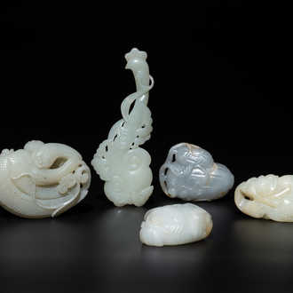 Five Chinese white, celadon and russet jade carvings of three melons, a lotus pod and a lingzhi, 19th C.