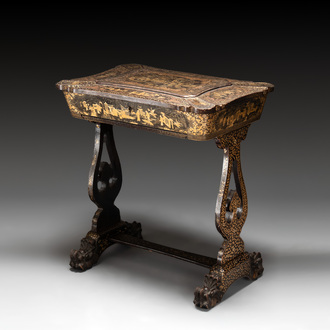 A Chinese Canton export gilt-lacquered sewing table with accessories, 19th C.