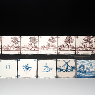 14 blue, white and manganese Dutch Delft tiles, 18th C.