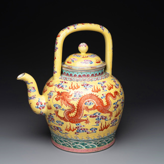 A large Chinese yellow-ground famille rose 'dragons among the clouds' teapot, Qianlong mark, 20th C.