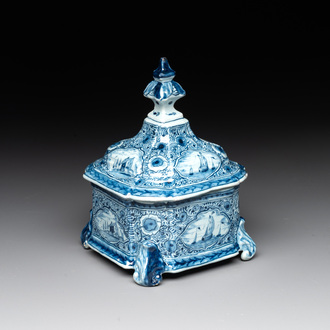A blue and white Dutch Delft tobacco box and cover, 18th C.
