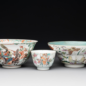 A Chinese famille rose 'butterflies' bowl, a 'boys and kilin' cup and a famille verte 'warriors' bowl, Jiaqiang mark and of the period and 19th C.