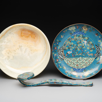 A Chinese cloisonné 'crane and deer' dish, a ruyi and an alabaster dish, 20th C.