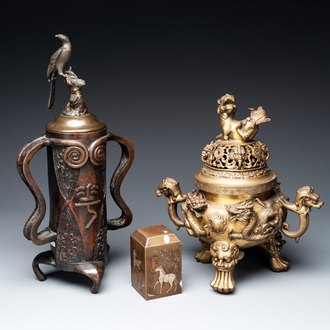 A Chinese bronze covered censer, a seal and a Japanese bronze covered censer, Xuande mark, 20th C.
