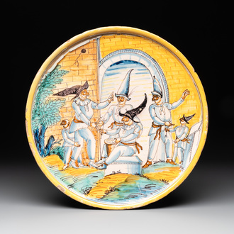 A large Italian maiolica 'Venerdì Gnoccolare' tazza, Naples or Deruta, 17th C.