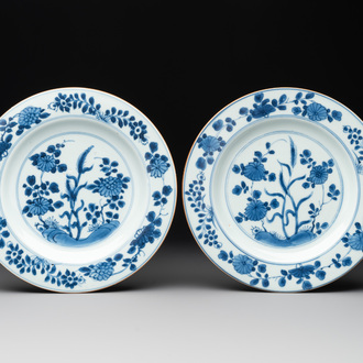 A pair of Chinese blue and white 'floral' plates with Johanneum Marks, ex-collection of August the Strong, Kangxi