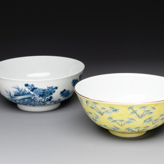 A Chinese blue and white bowl with floral design and a famille verte yellow-ground 'bamboo' bowl, Tongzhi mark, 18/19th C.