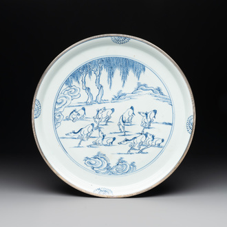 A rare Chinese silver-mounted blue and white 'Eight horses of Mu Wang' dish, Kangxi