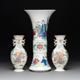 A pair of Chinese famille rose wall vases and a 'gu' vase, 19/20th C.