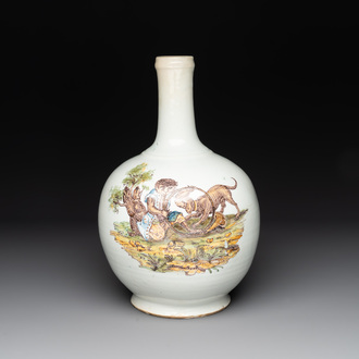 An unusual polychrome bottle vase with a monkey and a dog, Italy or Central Europe, 18th C.