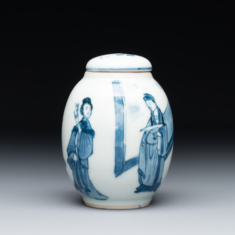 A Chinese blue and white tea caddy and cover with figural design, Kangxi