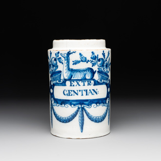 A rare blue and white Dutch Delft albarello with a recumbent deer, inscribed 'EXTR:GENTIAN:', 18th C.