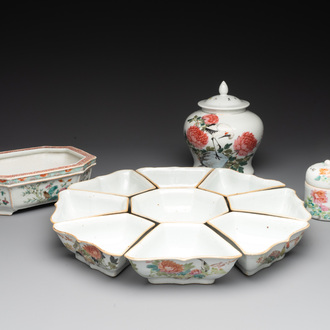 A Chinese famille rose sweetmeat set, a covered jar, a covered box and a jardinière, 19th C.