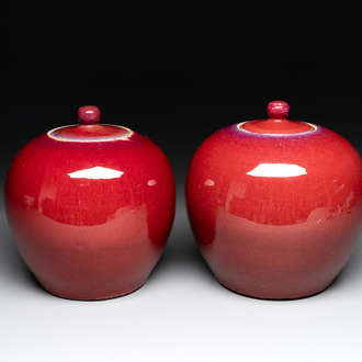 A pair Chinese flambé-glazed jars and covers, 19th C