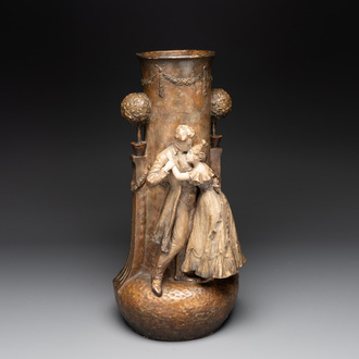 An Art Nouveau terracotta 'Amorous Couple' vase by  Adolphe-Jean Lavergne for Goldscheider, ca. 1900