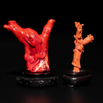 Two Chinese red coral sculptures of a chilong and a lady on wooden stand, 19/20th C.