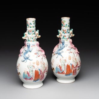 A pair of Chinese famille rose '18 Luohan' bottle vases, 19th C.