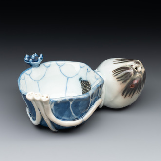 A Chinese copper-red, blue and white lotus-shaped water dropper, Kangxi