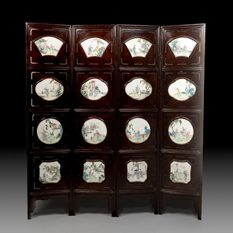 A Chinese four-fold wooden room divider with famille rose 'Romance of the Western Chamber' plaques, Republic