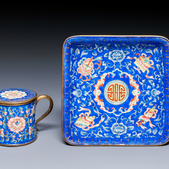 A Chinese Canton enamel mustard jar and square dish, Qianlong/Jiaqing