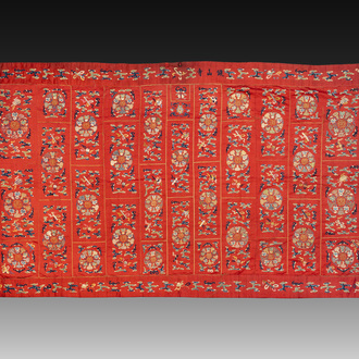 A Chinese red-ground embroidered silk 'bajixiang' panel, Tie Shan Si 鐵山寺 mark, 19th C.