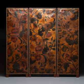 A gilt-painted leather three-fold room divider, 19th C.