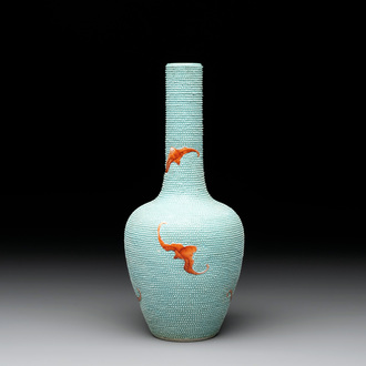 A Chinese iron-red-decorated turquoise-ground bottle vase with bats, Qianlong mark, 20th C.