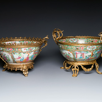 Two Chinese Canton famille rose gilt-bronze-mounted bowls, 19th C.