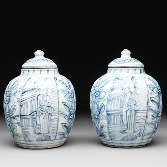 A pair of Chinese blue and white jarlets and covers with figural and floral design, Wanli