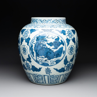 A large Chinese blue and white 'mythical creatures' jar, 'guan', Jiajing/Wanli