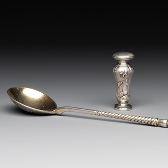 A parcel-gilt silver spoon and a 'C.J.K.' engraved seal stamp, Russia and possibly France, 19/20th C.
