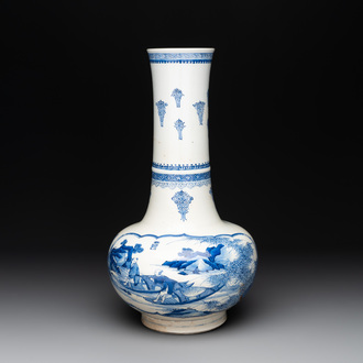 A Chinese blue and white 'fishermen' bottle vase, signed Xiaoshan 曉山, artemisia leaf mark, Kangxi