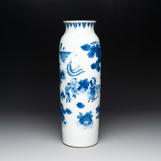 A fine Chinese blue and white sleeve vase with narrative design, Transitional period