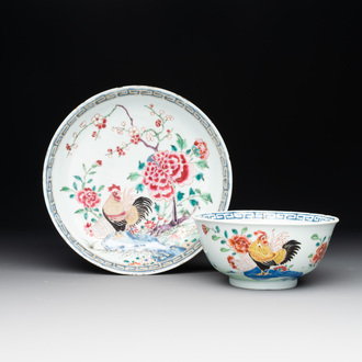 A Chinese famille rose 'rooster' plate and a bowl, Yongzheng