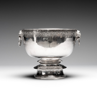 A Thai silver punch bowl with tiger-form handles, เฉิน เว่ย ไท่ 陳偉泰 mark, Bangkok, 19th C.
