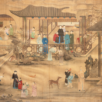 Chinese School: 'Vibrant court scene with an emperor', ink and colour on silk, 18th C.