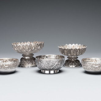 Three silver bowls and two tazzas, China, Thailand and Burma, 19/20th C.