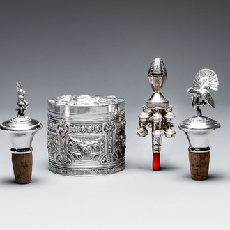 Two silver bottle stoppers, a tobacco box and a baby rattle with red coral teether, Germany, 19/20th C.