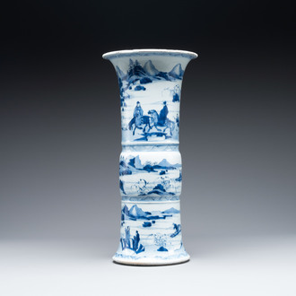 A large Chinese blue and white 'gu' vase with figures in landscapes, Kangxi