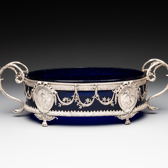 A silver and blue glass jardinière, signed J.P. Legastelois, 19/20th C.