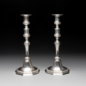 A pair of silver Louis XIV-style candle holders, Wolfers Frères, Brussels, 19/20th C.