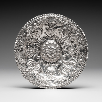 A repoussé silver dish with floral design, probably Southern Europe, 15/16th C.