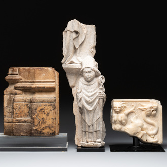 Two sculptured marble fragments and a limestone fragment, France, 14/16th C.